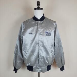 VTG Houston Livestock Show Rodeo Steer Auction Satin Varsity Jacket Large Silver